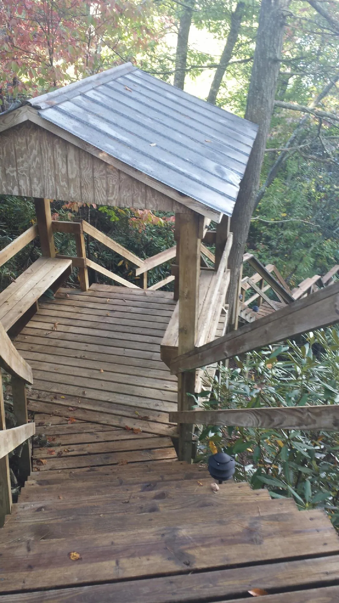 Metal roofed shelter over wooden steps on a wooded walkway — Skylight Repair & Installation work by our crew in San Gregorio